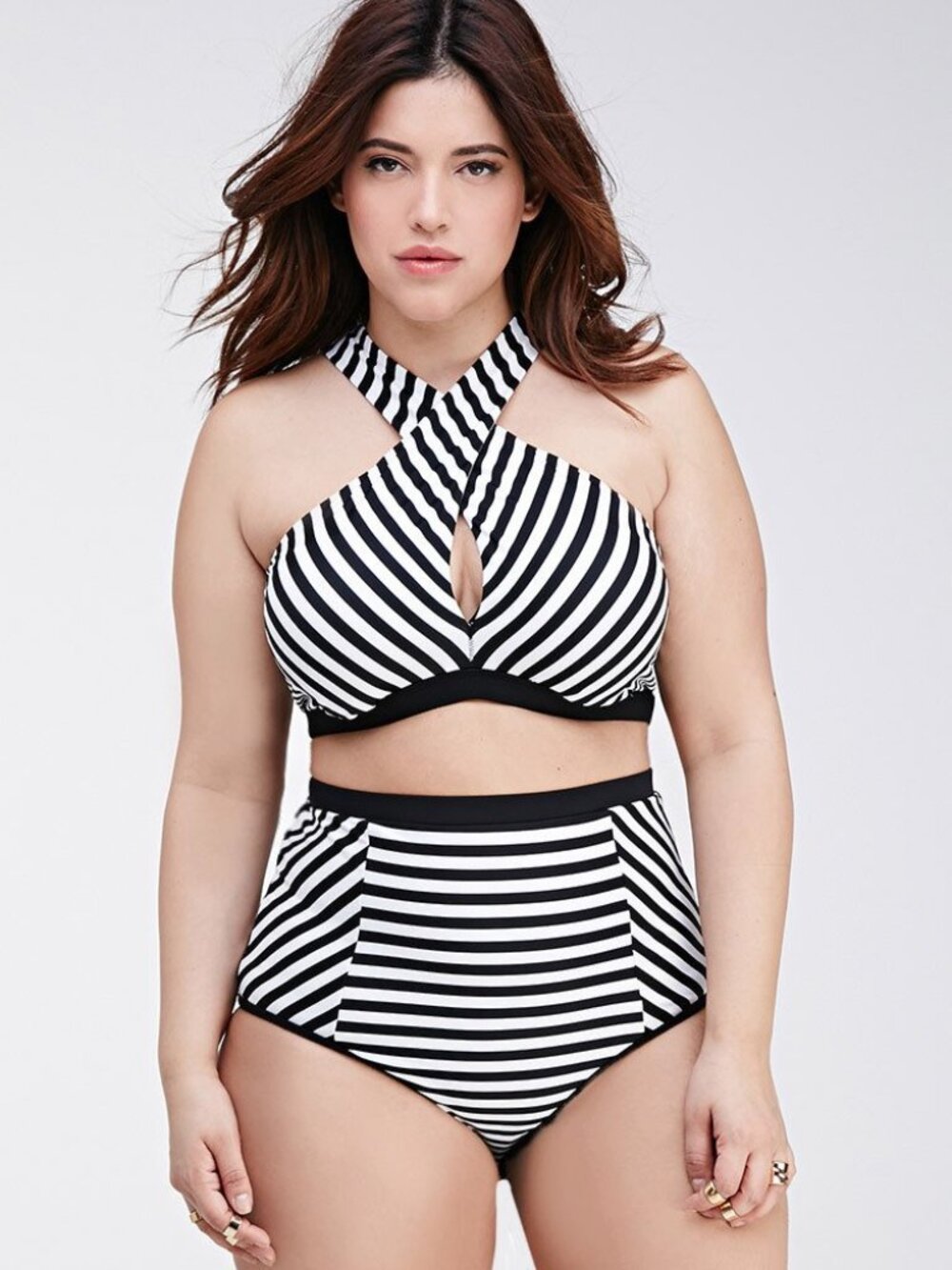 Forever 21 Plus Black White Striped high waisted Bikini Set Swimsuit XL/3X